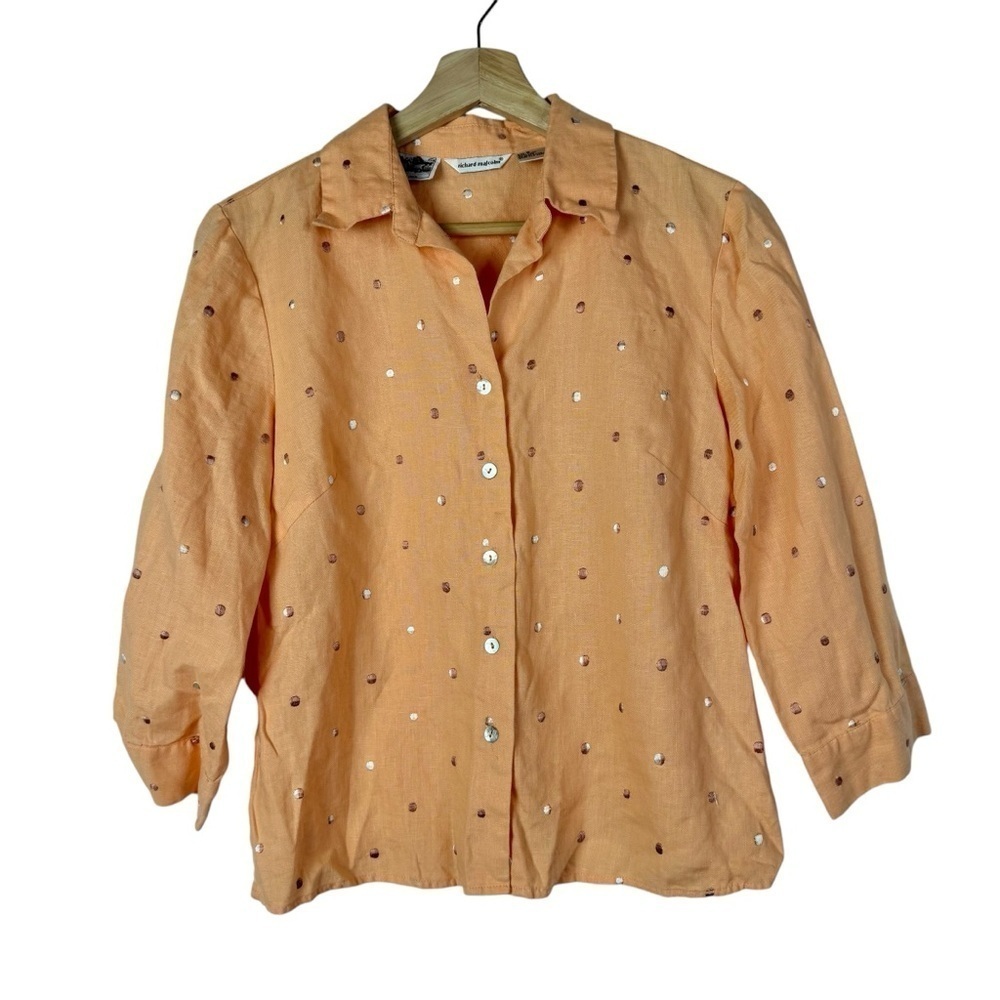 Richard Malcolm Light Orange Polka Dot Embroidered Linen Long Sleeve Button Down